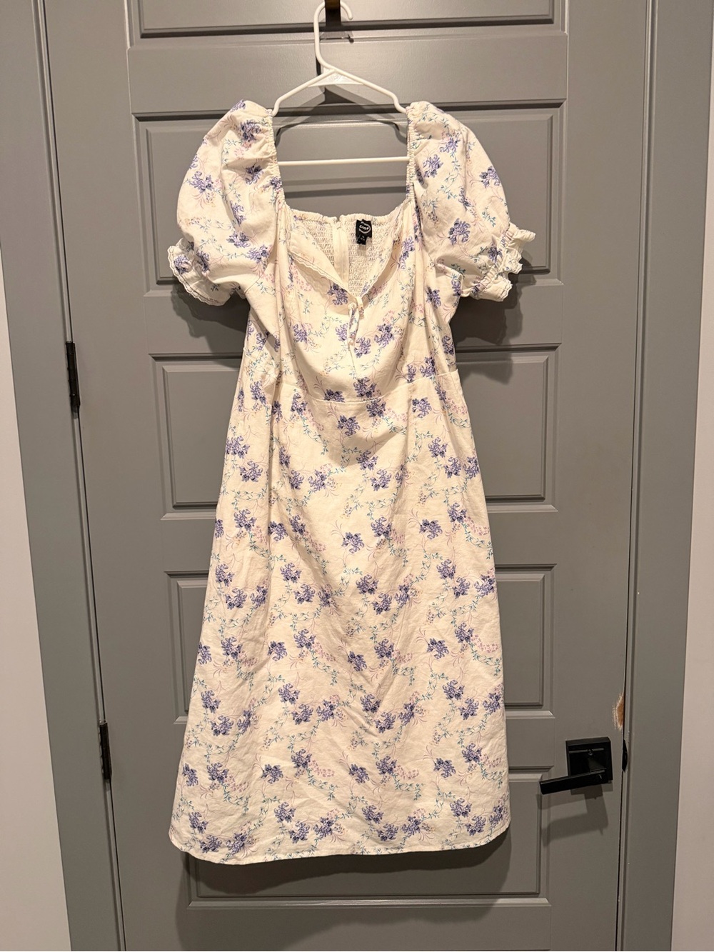 SCOOP White Floral Midi Dress with Lavender Accents Linen Blend XL POCKETS